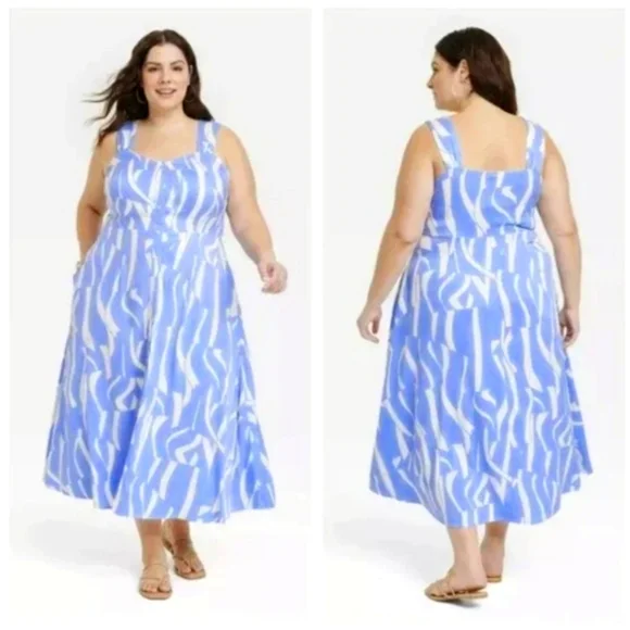 Ava & Viv Plus Size Button Light Blue And White Stretchy Midi Dress. Size XXL - Picture 2 of 8